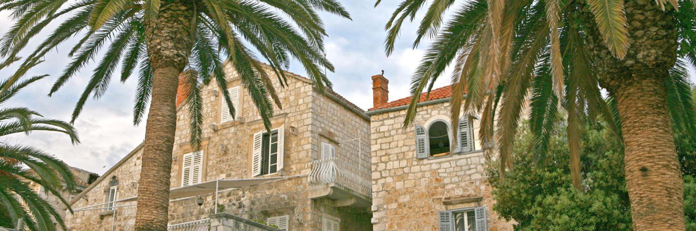 Palm trees obscure a traditional tan stone building with a terra cotta roof
