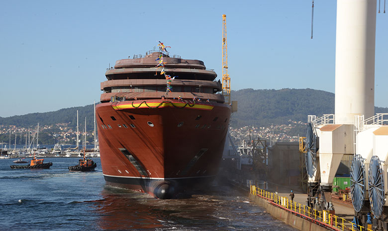 The yacht splashing down in a ceremony in Vigo, Spain.