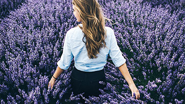 A girl walking through a field of lavender, her long hair blowing in the wind.