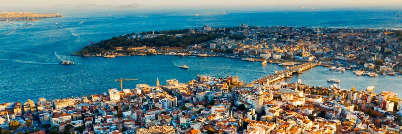 A sprawling city surrounded by water, connected by a bridge.