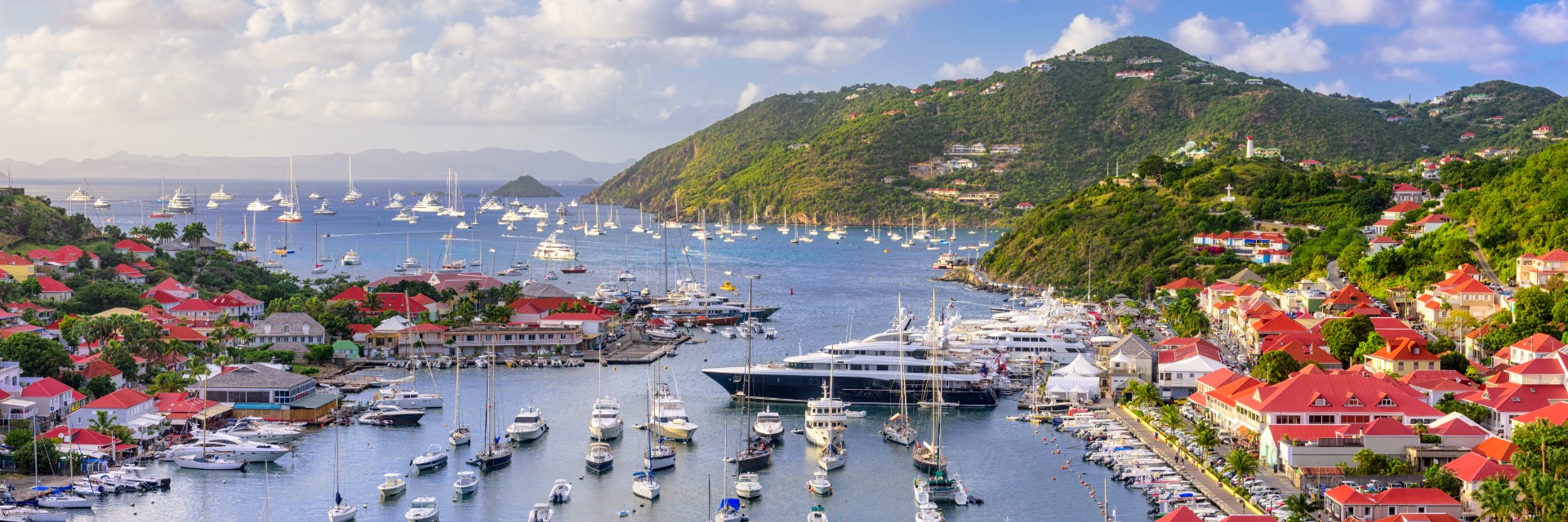 A busy sailing harbor, sprinkled with ships, beautiful orange rooftops and mountains.