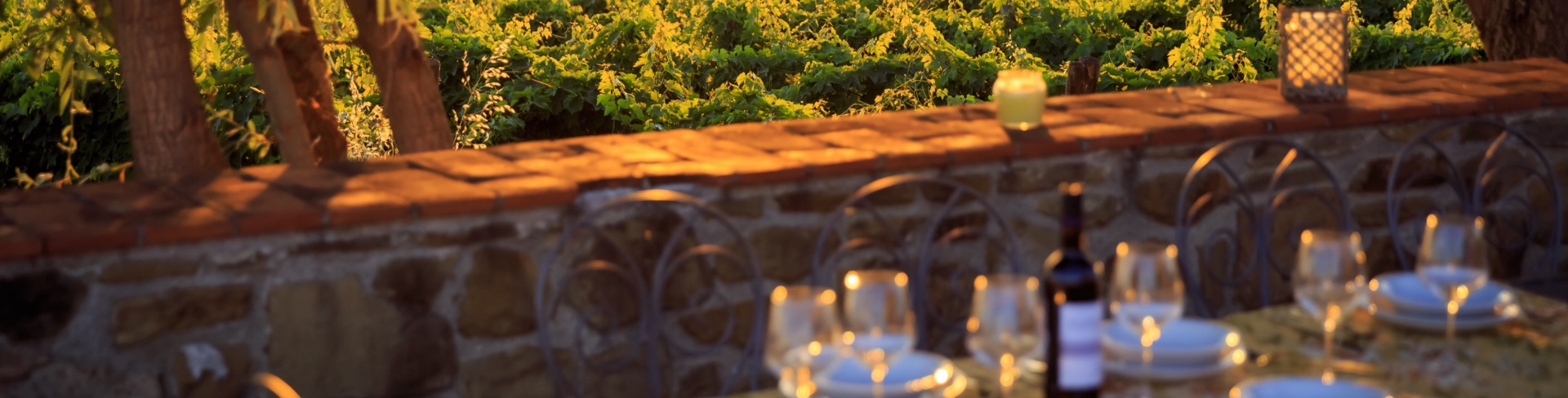 A table set for dinner in the foreground with a vineyard and rolling hills in the background at sunset.