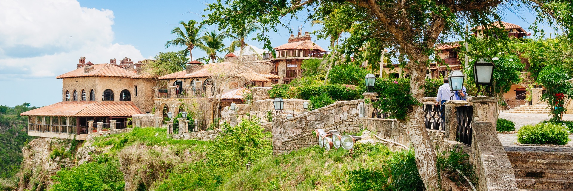 Steps up to a colonial town up on the hill.