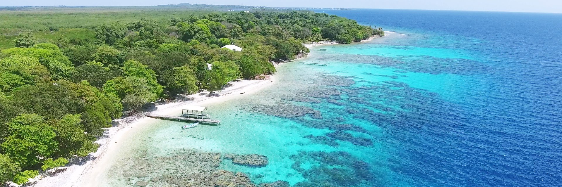 Shades of blue water lead up to a white sand beach with lush greenery.