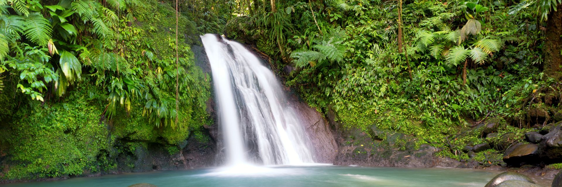 A waterfall cascades into a pool of blue water in a dense tropical forest.