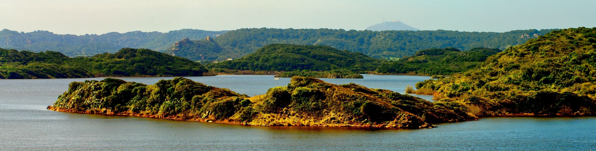 Rocky outcroppings rise out of the water, covered in low-lying shrubs.
