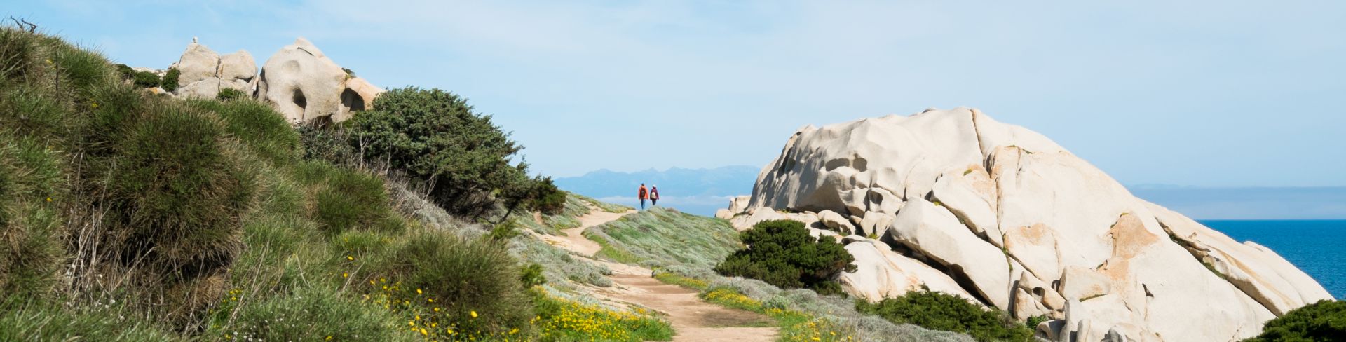 A dirt path on the coast of Sardinia surrounded by low-lying grasses, overlooking the water.