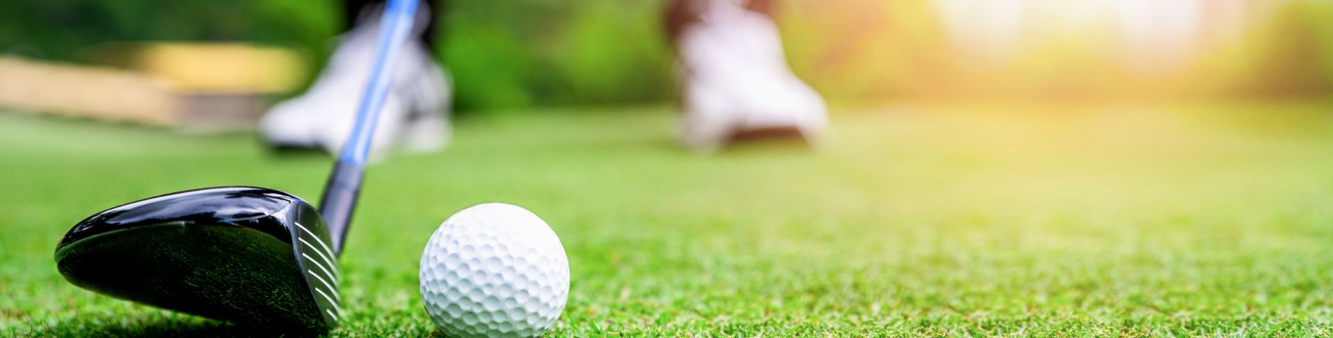 A golfer lines up their club with the ball resting on the green.