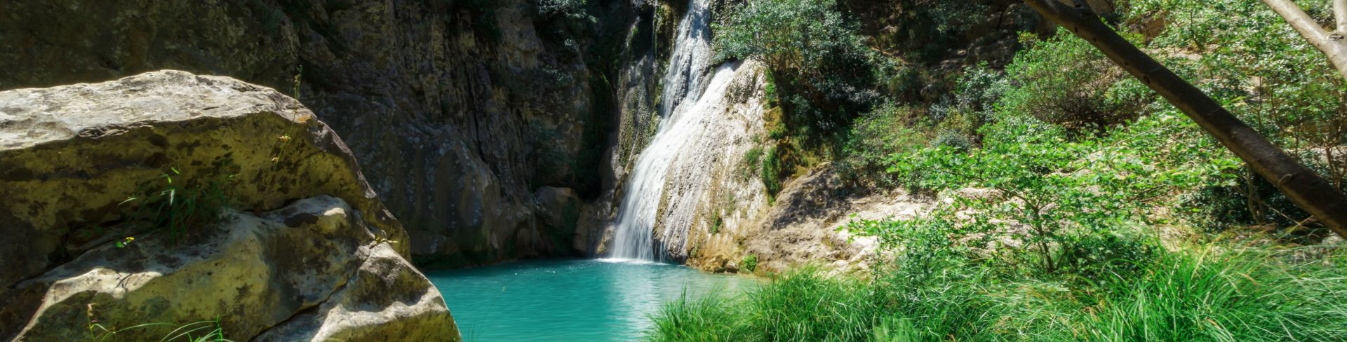 A natural pool of bright blue water sits at the bottom of a waterfall in the middle of a lush green forest.