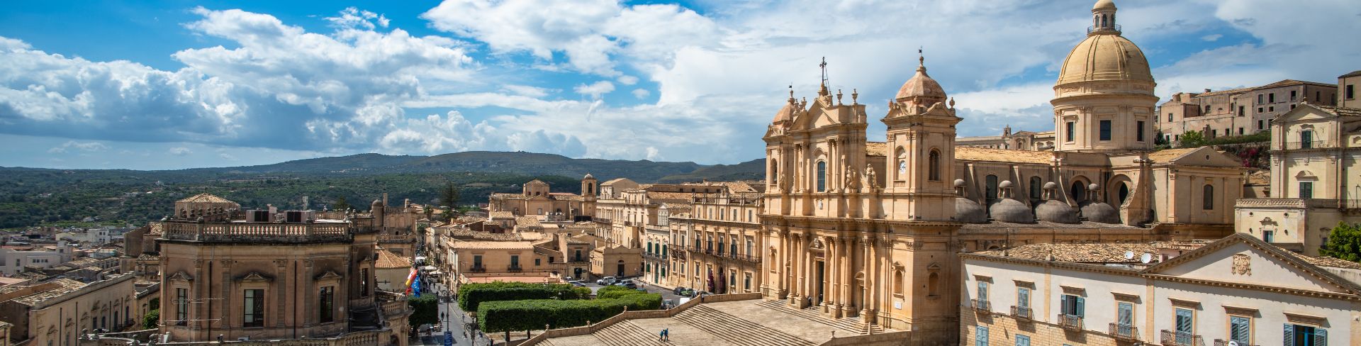 The panoramic view of the old town of Noto and Noto Cathedral in Sicily, Italy.