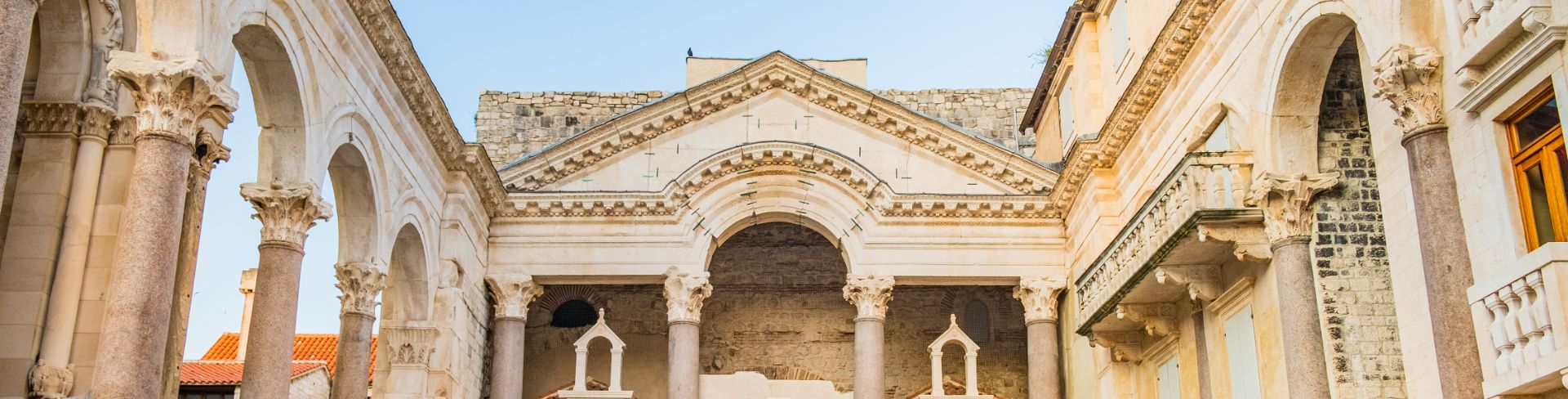The ancient Diocletian's Palace sits under the blue sky in Croatia.