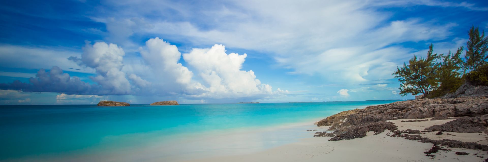 Blue skies over a beach in the Bahamas.