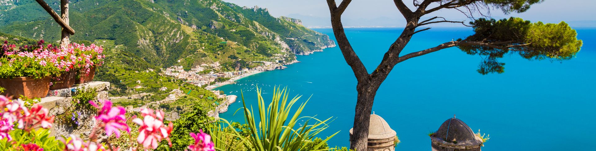 A scenic view of the Tyrrhenian Sea and Amalfi Coast from the gardens of Ravello.