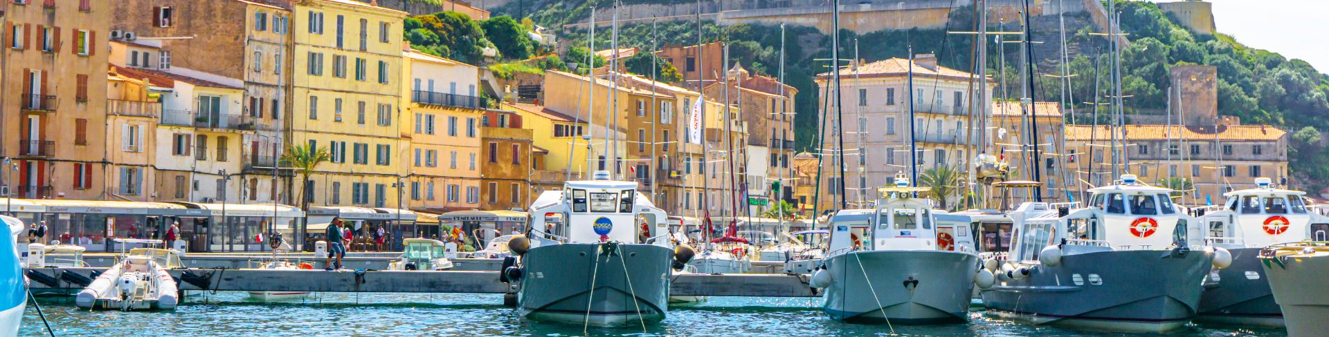 View from above of the port of Bonifacio and the church of St. John the Baptist in Bastia, Corsica.