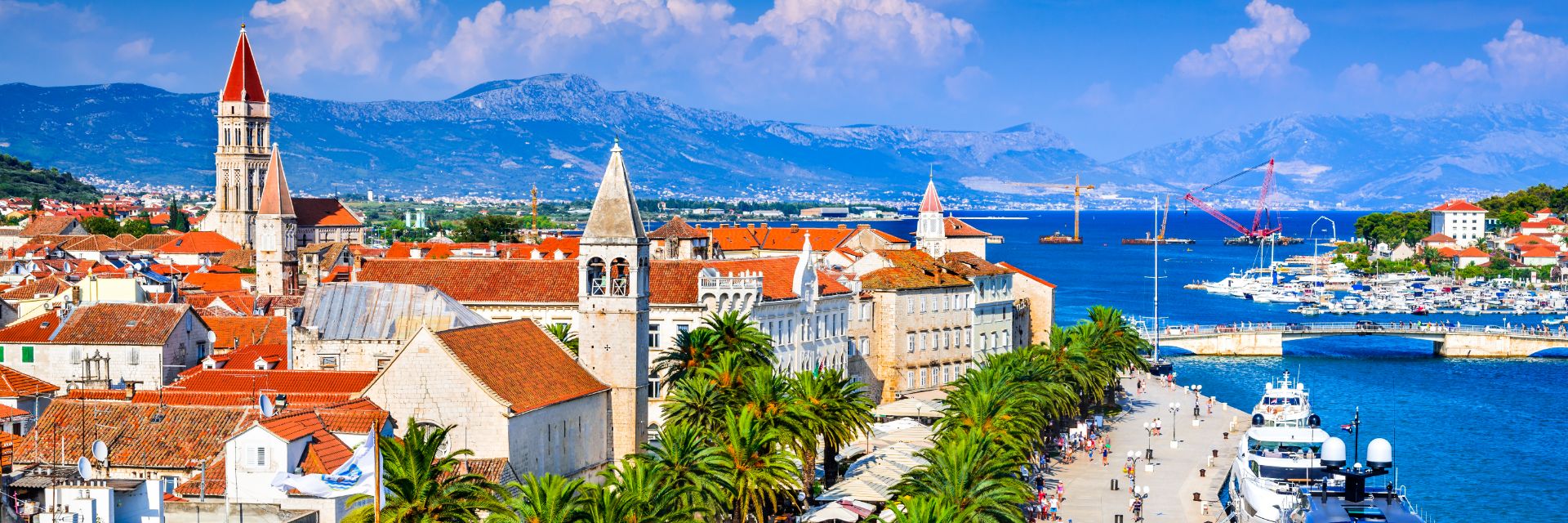 An aerial view of Trogir and its harbor on the Dalmatian Coast.