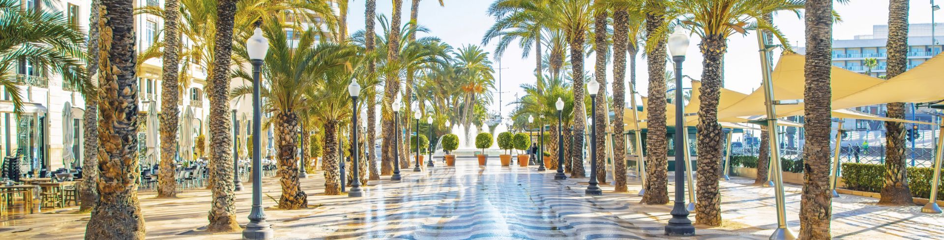 The view of looking down a sunny promenade in Alicante, Spain.