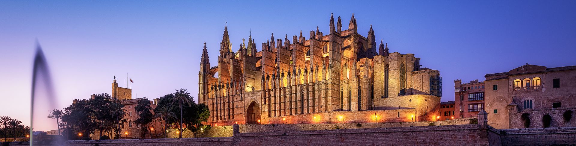 The 14th century cathedral La Seu at dusk in Palma de Mallorca.