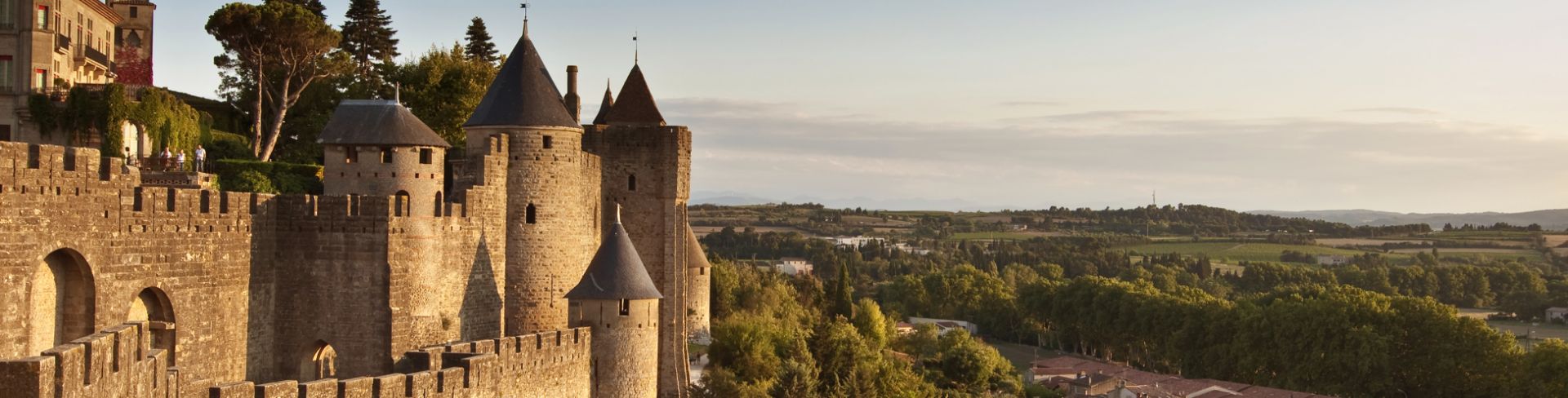 The medieval fortified city of Carcassonne at sunset.