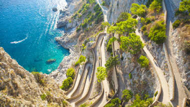 A path winding up a cliff side in Capri, Italy.