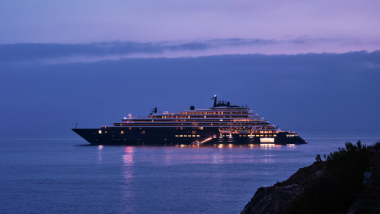 Evrima at anchor in the Mediterranean at night.