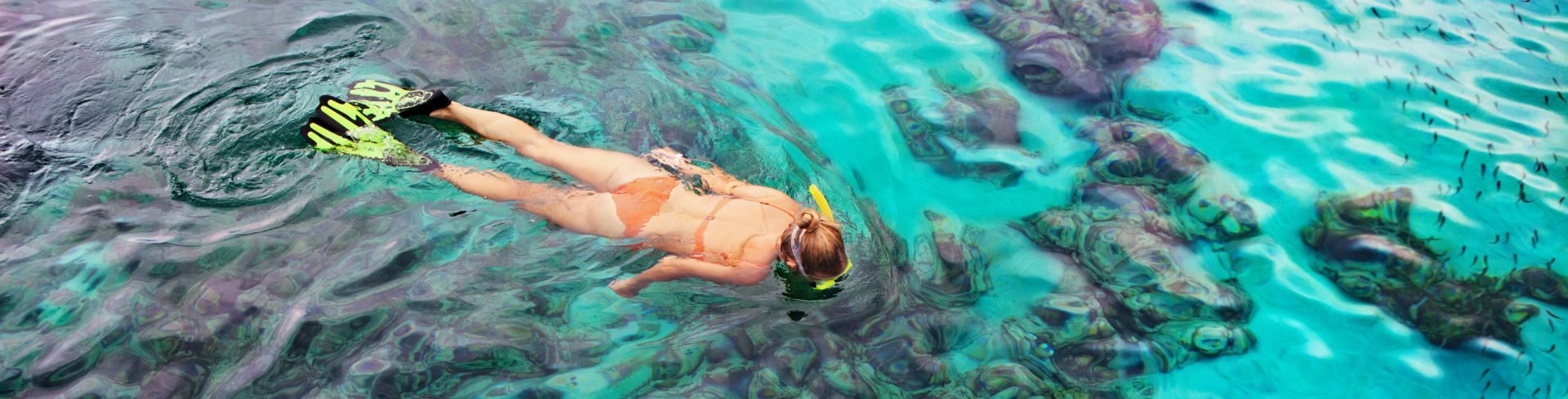 Vibrant blue water lines the white sandy beaches of a lush green island.