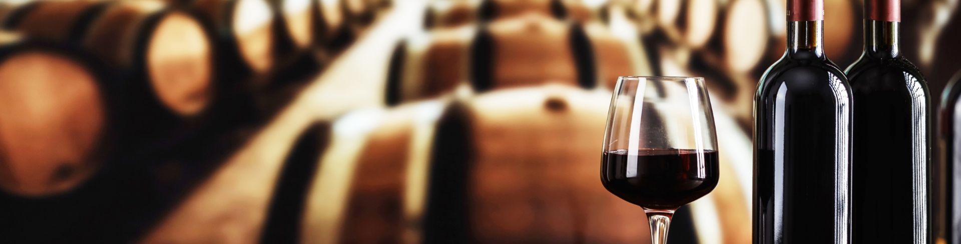 A glass of wine sits in front of the barrels used to produce the wine