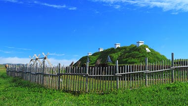 Bright green grass lines the hill, framed by a wooden fence and bright blue sky behind.