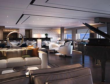A rendering of The Living Room, showing a baby grand piano, comfortable sofas and chairs, and a bar in the background