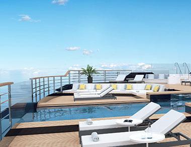 A rendering of The Pool, showing the shallow end with infinity edge overlooking the ship, and pool furniture on a teak deck surrounding.