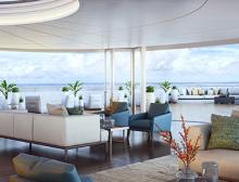 A rendering of the Observation Lounge, showing comfortable furniture that opens onto an open air terrace with a commanding view of the sea