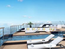 A rendering of The Pool, showing the shallow end with infinity edge overlooking the ship, and pool furniture on a teak deck surrounding.
