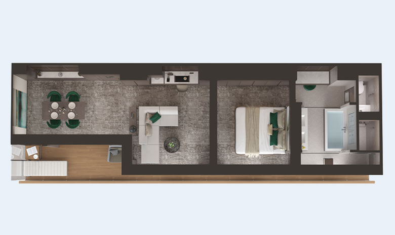 Floor plan of the View Suite. A long terrace runs along the length of the suite, a dining table and chairs, living room with couch and desk, bedroom and large bathroom with bathtub, shower and toilet.