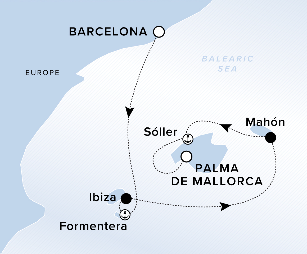 A map showing the Mediterranean Sea. A line shows the voyage route from Barcelona to Ibiza to Formentera to Ibiza to Mahón to Sóller to Palma de Mallorca to Sóller to Palma de Mallorca.