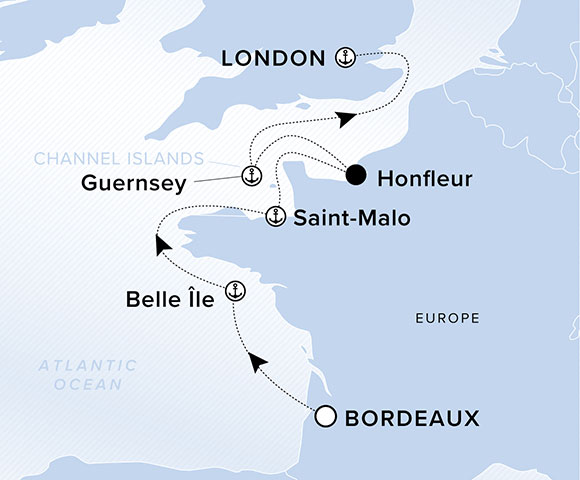 A map showing the Atlantic Ocean. A line shows the voyage route from Bordeaux to Belle Île to Saint-Malo to Honfleur to Guernsey, Channel Islands to London (Greenwich), England.