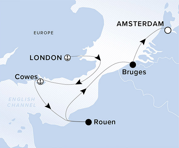 A map showing the Europe and the English Channel. A line shows the voyage route from London to Cowes, Rouen, Bruges and Amsterdam.