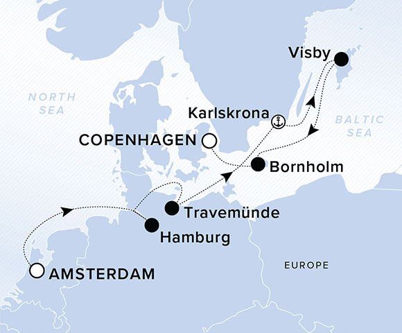 A map showing the North Sea and Baltic Sea, and Europe. A line shows the voyage route from Amsterdam to Hamburg, Travemunde, Karlskrona, Visby, Bornholm and Copenhagen.
