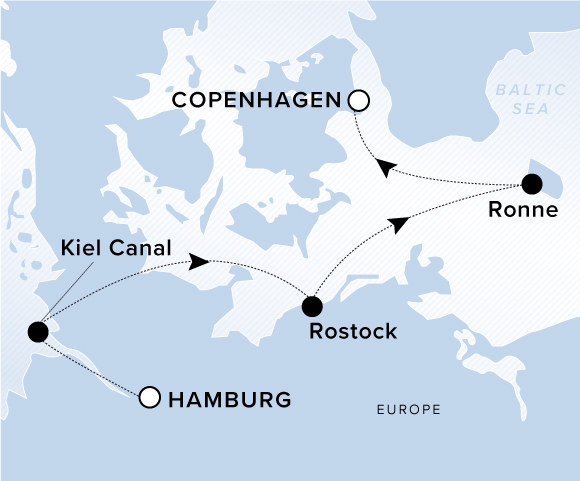 A map showing the Atlantic Ocean. A line shows the voyage route from Hamburg to Berlin (Rostock) to Bornholm to Copenhagen.