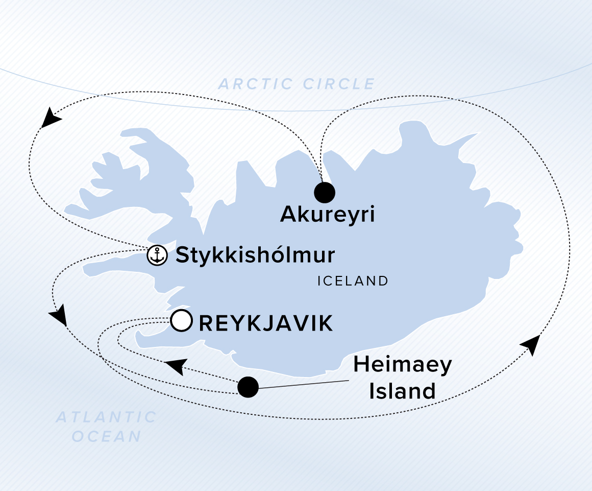 A map showing the Atlantic Ocean. A line shows the voyage route from Reykjavik to Sailing the Arctic Circle to Akureyri to Stykkishólmur to Heimaey Island to Reykjavik.