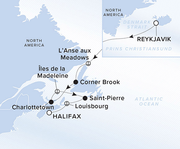 Map of Atlantic Ocean, North America, Denmark Strait and Prince Christian Sound. A line follows the path from Reykjavik to L'Anse aux Meadows, Corner Brook, Charlottetown, Iles de la Madeleine, Saint-Pierre, Louisbourg, Halifax.