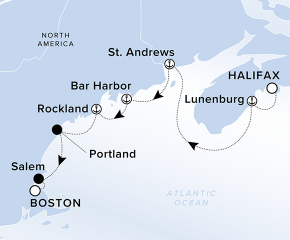 Map of North America and Atlantic Ocean. A line traces the ship's path from Halifax to Lunenberg, St Andrews, Bar Harbor, Rockland, Portland, Salem and Boston. 