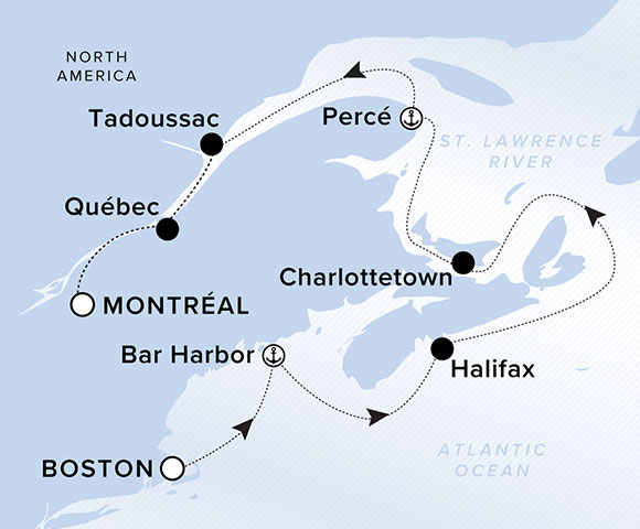 Map of North America, St Lawrence River and Atlantic Ocean. A line traces the ship's path from Boston to Bar Harbor, Halifax, Charlottetown, Perce/Gaspe, Tadoussac, Quebec and Montreal.