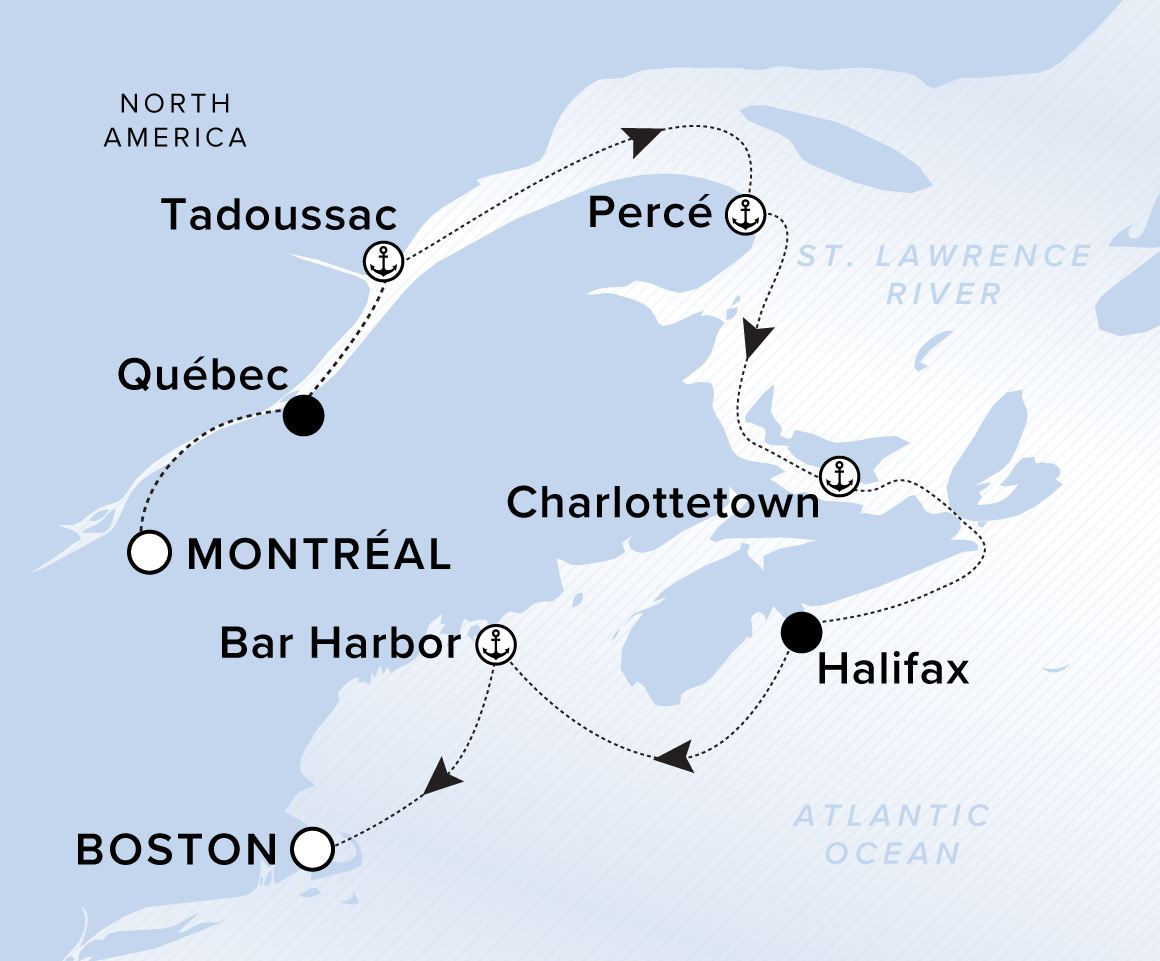 Map of Atlantic Ocean, St Lawrence River and North America. A line traces the path from Montreal, Quebec, Tadoussac, Perce/Gaspe, Charlottetown, Halifax, Bar Harbor and Boston.