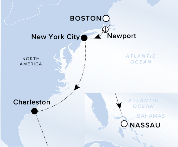 Map of Atlantic Ocean and North America. A line traces the ship's path from Boston to Newport, New York City, Charleston and Nassau, in the Bahamas.