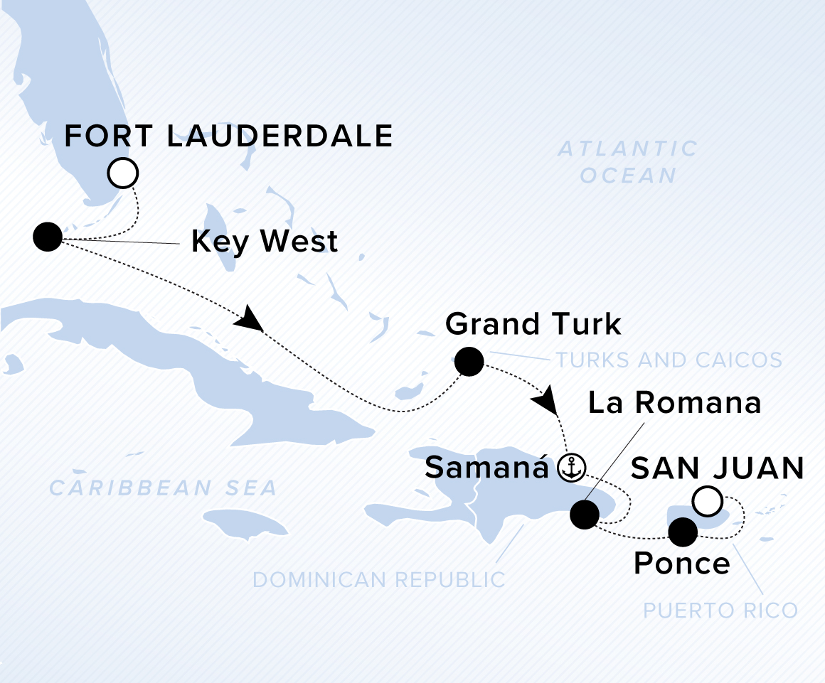Map of Atlantic Ocean and Caribbean Sea. A line shows the path from Ft Lauderdale to Key West, Grand Turk, Samana, La Romana, Isla Catalina and San Juan. The islands are labeled Dominican Republic, Turks and Caicos and Puerto Rico.