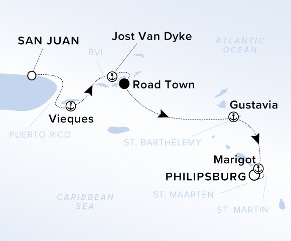 Map of Atlantic Ocean and Caribbean Sea. A line shows the path from San Juan to Esperanza, Jost Van Dyke, Road Town, Gustavia, Marigot and Philipsburg. The islands are labeled Puerto Rico, BVI, St. Barth, St.-Maarten and St.-Martin.