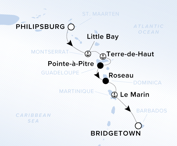 Map of Caribbean Sea and Atlantic Ocean. A line shows the route from Philipsburg to Little Bay, Terre de Haut, Pointe-a-Pitre, Roseau, Le Marin and Bridgetown. The islands are labeled St Maarten, Montserrat, Guadeloupe, Dominica, Martinique and Barbados.