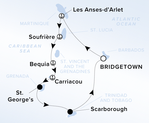 A map showing the Atlantic Ocean and Caribbean Sea. A line of the voyage route from Bridgetown to Les Anses-d'Arlet, Soufriere, Bequia, Carriacou, St. Georges, Scarborough and Bridgetown.