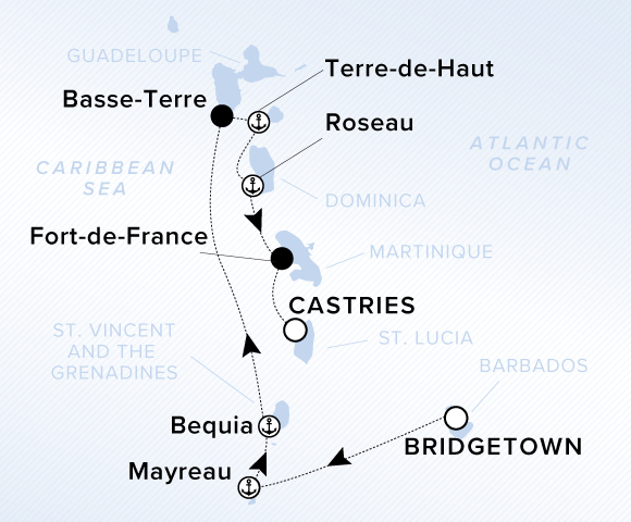 A map of the Atlantic Ocean and Caribbean Sea. A line shows the voyage from Bridgetown to Mayreau, Bequia, Basse-Terre, Terre-de-Haut, Roseau, Fort-de-France and Castries.