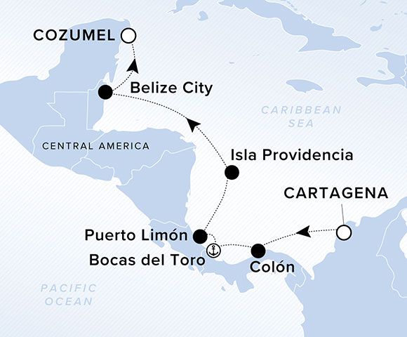 Map of South America between Pacific Ocean and Caribbean Sea. A line traces the path from Cartagena to Colon, Bocas del Toro, Puerto Limon, Isla Providencia, Belize City and Cozumel.