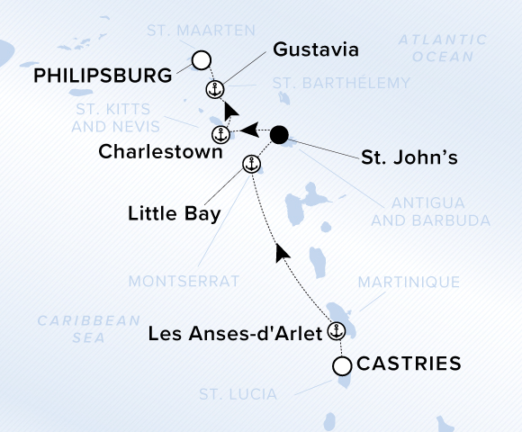 A map showing the Atlantic Ocean and Caribbean Sea. A line shows the voyage route from Castries to Les Anses-d'Arlet, Little Bay, St. John's, Charlestown, Gustavia and Philipsburg.